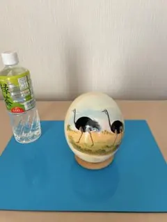 ダチョウのEgg Art。手描きオーストリッチのエッグオブジェ、美品
