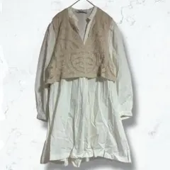2641＊ザラ＊チュニック 白×ベージュ M 重ね着風 ミニワンピ 春秋