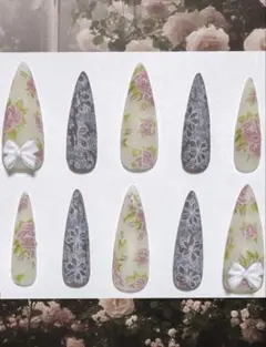 平成女児 ネイルチップ レトロ ガーリー レース 薔薇 ニュアンス 韓国 マット