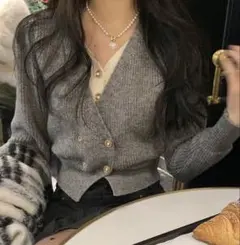 ダブルブレストクロップドカーディガン長袖 カジュアルトップス