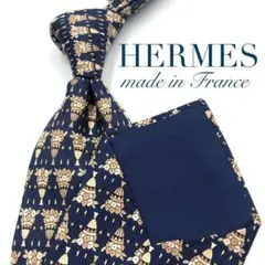【美品】HERMES エルメス ネクタイ フラワー 小紋柄 幾何学模様 ネイビー