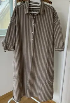 ストライプシャツ七分袖ロングワンピース