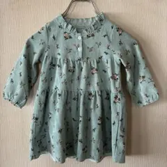 【美品】ワンピース緑 フリル襟 長袖 ティアード 膝丈 コーデュロイ