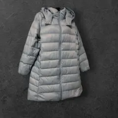 美品 高品質ダウン90% ロングダウンコート Aライン ブルー 軽量 防寒 XL