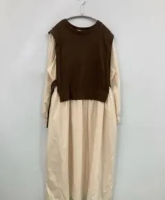 NICE CLAUP ロングワンピース ブラウン・アイボリー