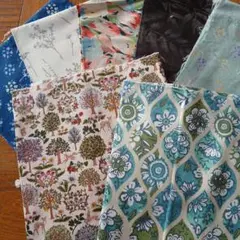 コットン生地 花柄 青緑 ７枚セット