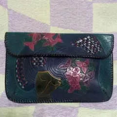 昭和レトロ、花柄ネイビー本革クラッチバッグ ハンドメイド