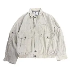 ブルゾン　ジャケット ジップアップ　麻入り　刺繍　ベージュ　L 古着　8La