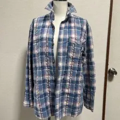 青と白のチェック柄長袖シャツ M