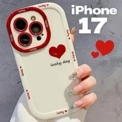 iPhone17ケースホワイト赤ハートロゴ入りスマホケースTPU韓国風マット調のサムネイル