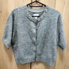 H&M グレー ビジュー付き 半袖ニットカーディガン M