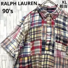 ラルフローレン ハーフボタン パッチワーク チェック 半袖 BDシャツ 90s
