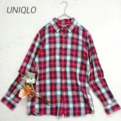 コ*チ様 ユニクロ　コットンリネンシャツ　М　赤　チェック柄　ボタンダウン　春服