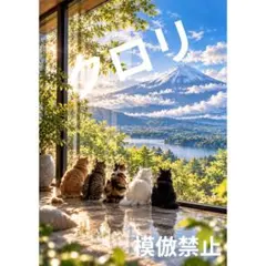 富士山と猫たち　デジタルアート　絶景　風景画　水彩画風　A4 茶トラ　白猫　黒猫