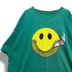 BNJS スマイリー Tシャツ 古着 緑 ニコちゃん おじさん スマイル マーク