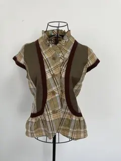 tb チェック柄 ベスト風ブラウス　フレンチスリーブ