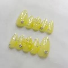 フラッシュネイル／ちゅるんネイル／リボン／黄色／パステル／韓国／ワンホンネイル