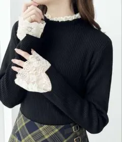 袖口レースハイネックリブニットトップス GeeRA ジーラ