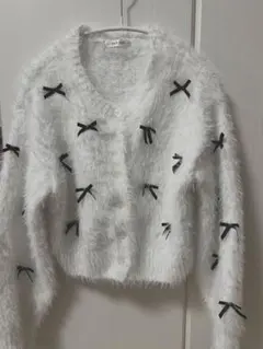 リボンニット シャギー ホワイトカーディガン