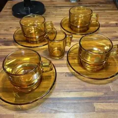 ☆ビンテージ☆アンバーガラス5個セット☆カップ☆SOGAGLASS☆昭和レトロ☆