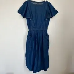 フレア袖 半袖ワンピース ウエストゴム ポケット・ベルト付　デニムワンピース