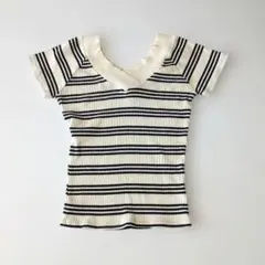 one way 테두리 무늬 V넥 리브 니트 반소매 컷소우