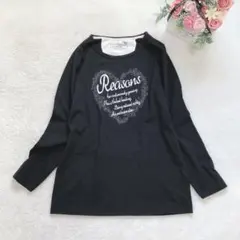 プリントカットソー 長袖 ハート トップス Tシャツ カジュアル 黒 L