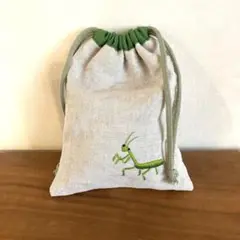 カマキリ刺繍入りリネン給食袋、コップ袋