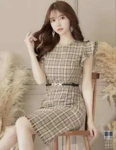 ジュエルズ　チェック柄　フリル　スリーブドレス 大人気ドレス
