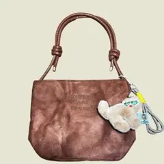 ハンドバッグ ねこチャーム付き かばん ブラウン 茶色 じゃらじゃらキーホルダー