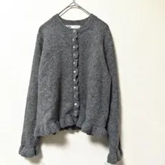ZARA フリルニットカーディガン グレー M