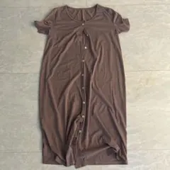 ブラウン 半袖 ボタン付き ロングワンピース