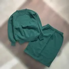 7AS3 ニットセットアップ 上下セット　スカート　グリーン　レトロ　古着