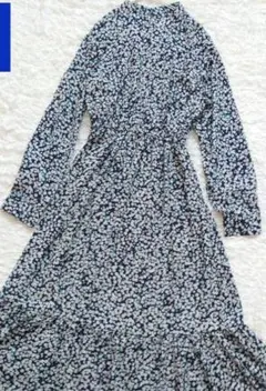 新品タグ付 GU フラワープリントスタンドカラーワンピース M 紺 花柄