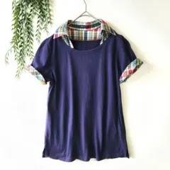 最終★COMME CA ISM【M】重ね着風 半袖 カットソー シャツネイビー