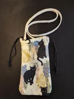 黒猫と花柄 スマホポーチ&巾着袋の2点セット【商品整理のため】
