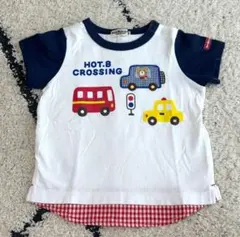 ミキハウス ホットビスケッツ 半袖 Tシャツ チェック くま ベア 車 80