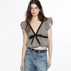 ZARA ギンガムチェック柄リボン付きバルーントップス - メルカリ