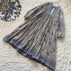 A82/A83 くすみ赤青 花柄 ハンドブロックプリント ワンピース L/XL