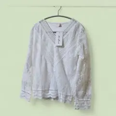 韓国 Le Ciel 未使用タグ付き■ホワイト レース 長袖シャツ L