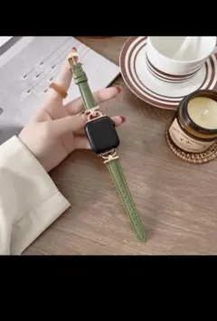 Apple Watch バンド合皮42/44/45/49mm グリーン+ゴールド