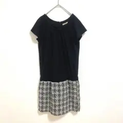 ◉DUKE　ラウンドネック半袖ワンピ　ミニ丈　黒　ツイード柄　L　裏地付き