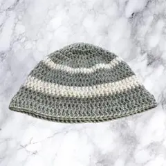 ハンドメイド ビーニー ニット帽 帽子 グレー×ストライプ