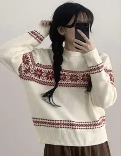 SHEIN Dazyノルディック柄 ニット セーター 赤 白