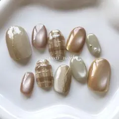 ネイルチップ　マグネットネイル　チェックネイル　　秋　冬　ブラウン　くすみカラー