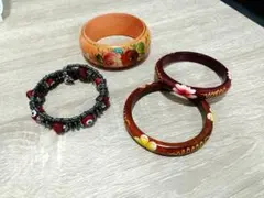 トルコのお守りブレスレット、インドネシアの木製バングル　４点セット