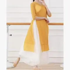 中国風バックスリットメッシュ切替ロングワンピース イエロー2XL Angcoco