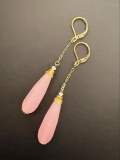 春色ピアス ピンクカルセドニー ティアードロップ ピアス ステンレス