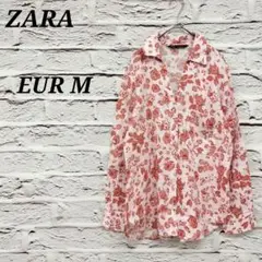 ザラ【EUR M】長袖シャツ ブラウス ローズボタニカル柄 リネン 袖丈2WAY