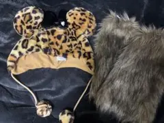 ヒョウ柄ミッキー耳付き帽子とファーアクセサリーセット